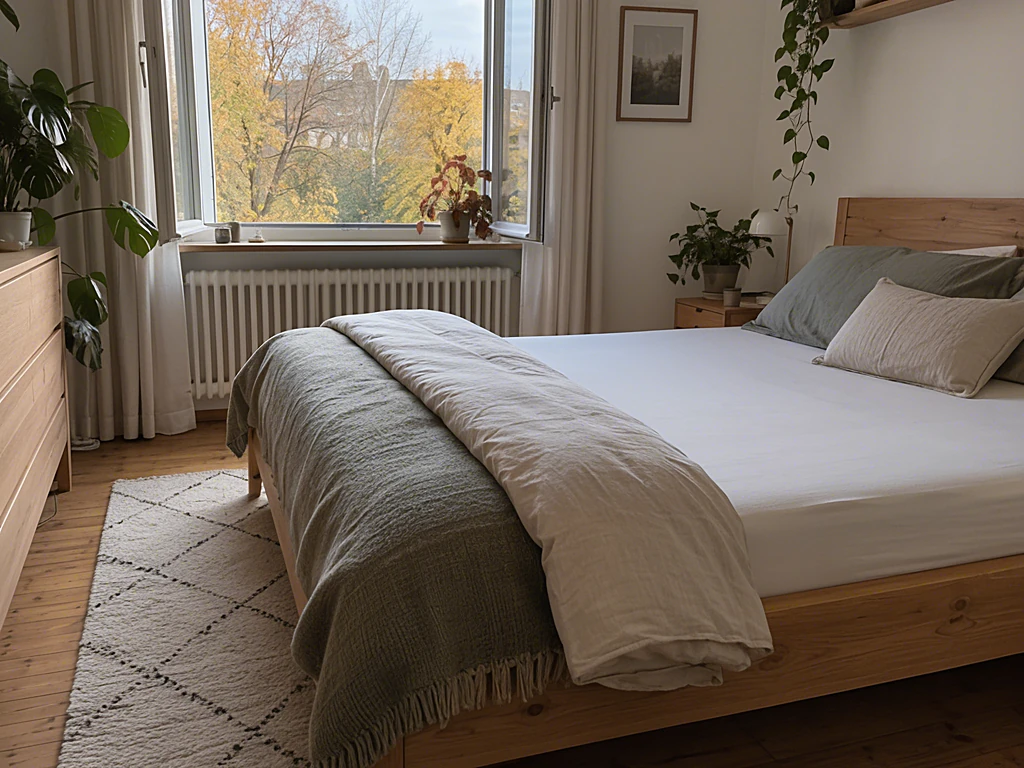 Schlafzimmer mit zurückgeschlagener Bettdecke, damit die Matratze auslüftet, und geöffnetem Fenster